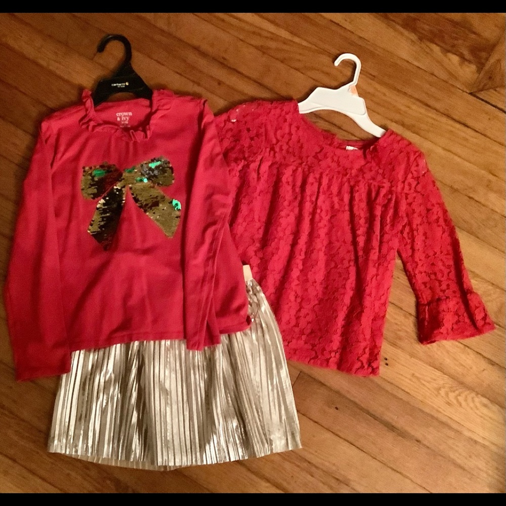 Gold lame pleated sequin green/gold bow and lace top 6x